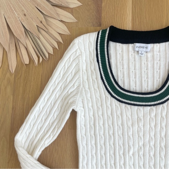 Evereve Penny White Green Cable Knit Scoop Neck Academia Preppy Sweater Small - Picture 3 of 8